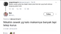 Tipsnya oke juga nih. Biar nanti suaminya nggak perlu bohong kalau ditanya aku gendutan ya?  Foto: Twitter