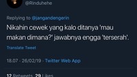 Hampir semua cewek punya jawaban kompak ketika ditanya mau makan apa. Nah kalau ada cewek yang jawabannya bukan terserah artinya cewek ini layak dinikahi.  Foto: Twitter
