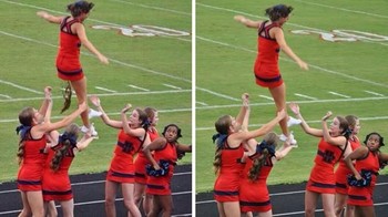 Upss! foto aksi cheerleader bikin netizen heboh karena salah satu dari mereka kabarnya buang aing besar tepat di atas mereka. Fotonya terlihat seperti sungguhan, tapi faktanya, lagi-lagi foto tersebut hanya editan. (Foto: Boredpanda)