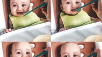 Ini sepertinya foto saat pertama kali Xabiru menikmati makanan MPASI. Foto: Instagram@rachelvennya