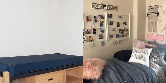 Agar lebih betah dan istirahat lebih berkualitas, kamar tidur perlu dibuat senyaman mungkin. Agar kamar kecil terlihat lebih menarik dan luas, Anda pun bisa menambah pajangan di dinding, misalnya dengan menggantung foto-foto seperti ini. Foto: Instagram/Twitter/YouTube