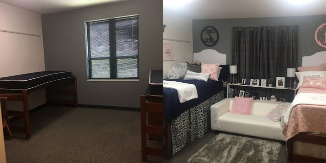 Harus berbagi kamar kost dengan seorang teman? Bukan berarti Anda tidak bisa menambah apapun dalam kamar. Agar lebih nyaman, Anda bisa menyelipkan sofa kecil untuk bersantai di tengah kasur seperti ini. Dilansir Cosmopolitan, cara ini justru bisa menambah ilusi ruang yang lebih besar. Foto: Instagram/Twitter/YouTube