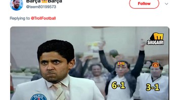 Seraya mengolok Di Maria dan bos PSG, meme ini turut mengingatkan Barcelona pun pernah melakukan comeback guna menyingkirkan PSG dari Liga Champions. Itu terjadi dua tahun lalu, juga di awal bulan Maret. (Foto: Internet/Twitter)