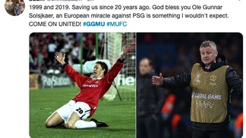 Ole Gunnar Solskjaer pun dipuji fans MU usai merancang kebangkitan di markas PSG. Mirip-mirip seperti dirinya, semasa masih bermain, ikut terlibat dalam kebangkitan MU menjuarai Liga Champions 1999. (Foto: Internet/Twitter)