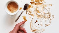 And for breakfast: hot coffee and cold dreams, tulisnya. Ada gurita raksasa dan ikan paus di bawah sebuah kapal yang sedang berlayar. Foto: Instagram bernulia
