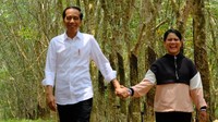 Jokowi awalnya menyempatkan mencoba menyadap karet seusai bertemu para petani karet di Sumatera Selatan.  Iriana turut mendampingi Jokowi.Foto: andhika/detikcom