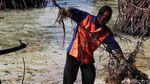 Aksi Petugas Bersihkan Sampah di Pulau Karya