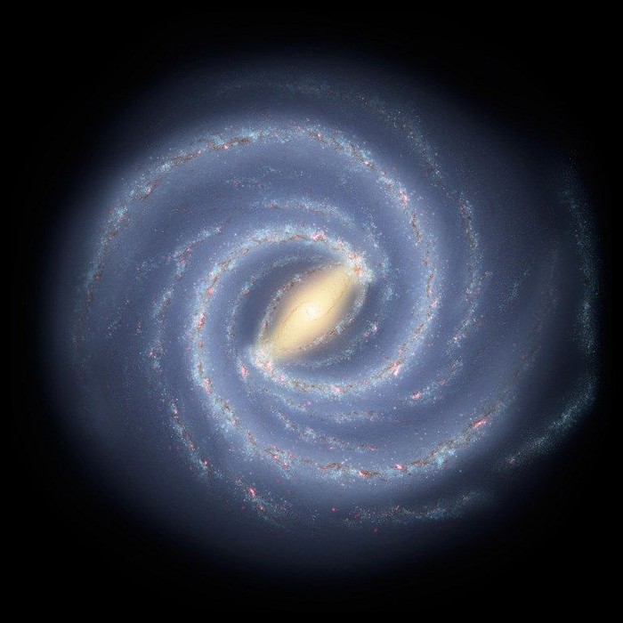 This NASA handout image obtained August 27, 2009 shows an artists concept that illustrates the new view of the Milky Way, along with other findings presented at the 212th American Astronomical Society meeting. The galaxys two major arms (Scutum-Centaurus and Perseus) can be seen attached to the ends of a thick central bar, while the two now-demoted minor arms (Norma and Sagittarius) are less distinct and located between the major arms. The major arms consist of the highest densities of both young and old stars; the minor arms are primarily filled with gas and pockets of star-forming activity. AFP PHOTO/NASA/JPL-CALTECH/HANDOUT/RESTRICTED TO EDITORIAL USE (Photo by HO / NASA / AFP)