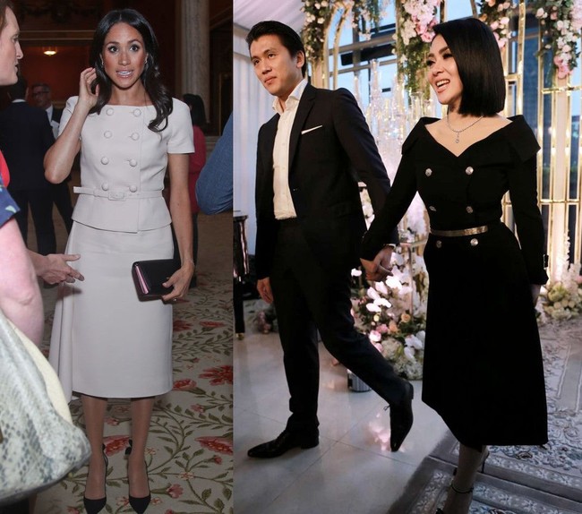 Penampilan Syahrini tersebut mirip dengan gaya Meghan Markle yang juga pernah tampil dengan busana model serupa. Meghan tampil dengan busana pink-blush dari Prada di acara Queens Young Leaders Awards.  Foto: Foto: Detik/Getty Images