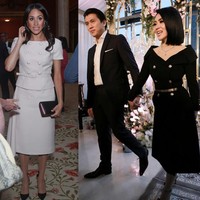Penampilan Syahrini tersebut mirip dengan gaya Meghan Markle yang juga pernah tampil dengan busana model serupa. Meghan tampil dengan busana pink-blush dari Prada di acara Queens Young Leaders Awards.  Foto: Foto: Detik/Getty Images