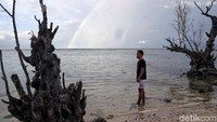 Nampak pelangi menghiasi langit di pantai yang berada di Pulau Tidung, Kepulauan Seribu. Burung camar juga terlihat hilir mudik menghiasi pantai tersebut.