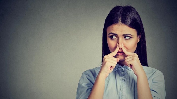 mencium bau nagih dari anggota tubuh Woman pinches nose with fingers looks with disgust away something stinks bad smell isolated on gray background.