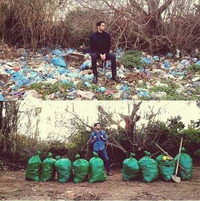 Seorang pria di San Diego menghilangkan kebosanan dengan cara yang berfaedah, yakni membersihkan sampah di sebuah lapangan lewat tantangan Trash Tag. Bisa dilihat perubahan signifikan yang diperlihatkan sebelum dan setelah dia memunguti sampah berserakan. Foto: Instagram