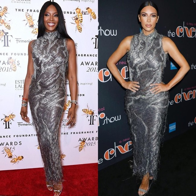 Juga dari Versace, Kim pernah memakai gaun perak dari rumah mode Italia tersebut. Naomi Campbell memakai gaun yang sama di tahun 1998 dan kemudian di karpet merah tahun 2015. Foto: Instagram @dietprada