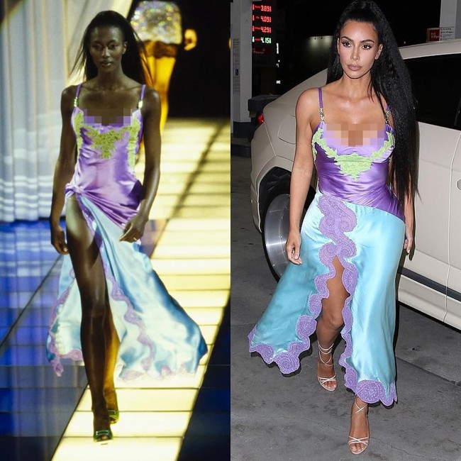 Kim Kardashian baru-baru ini tampil dengan slip dress vintage dari Versace untuk menghadiri pernikahan Chance the Rapper. Gaun yang sama pertamakalinya dipakai supermodel Naomi Campbell di runway tahun 1996. Foto: Instagram @dietprada