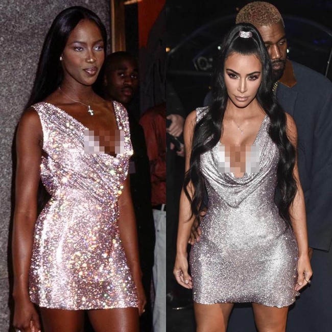 Gaun pendek dengan aksen draperi ini sempat tren di tahun 90-an. Naomi Campbell pun mengikuti tren tersebut. Kemudian di tahun 2018. Kim memakai gaun yang sama dengan milik Naomi, dan sama-sama berasal dari Versace. Foto: Instagram @dietprada