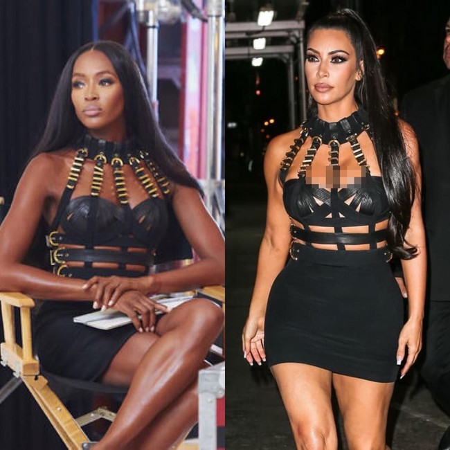 Kembali memakai gaun vintage Versace, Kim mengikuti Naomi yang juga pernah memakai bra dengan strap berbahan kulit ini. Foto: Instagram @dietprada