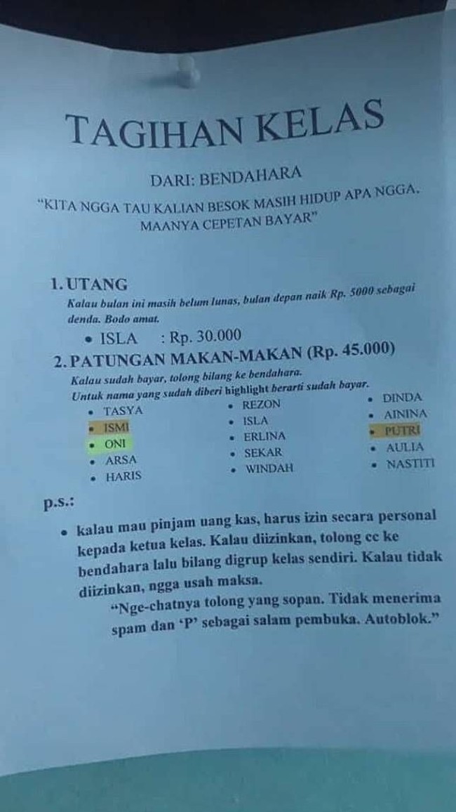 Jika banyak orang yang meminjam uang, coba buat daftar dan aturan seperti berikut. Jangan lupa sertakan konsekuensi kalau tidak membayar dan tata cara meminjam uang seperti pada patungan kelas ini. Foto: ist
