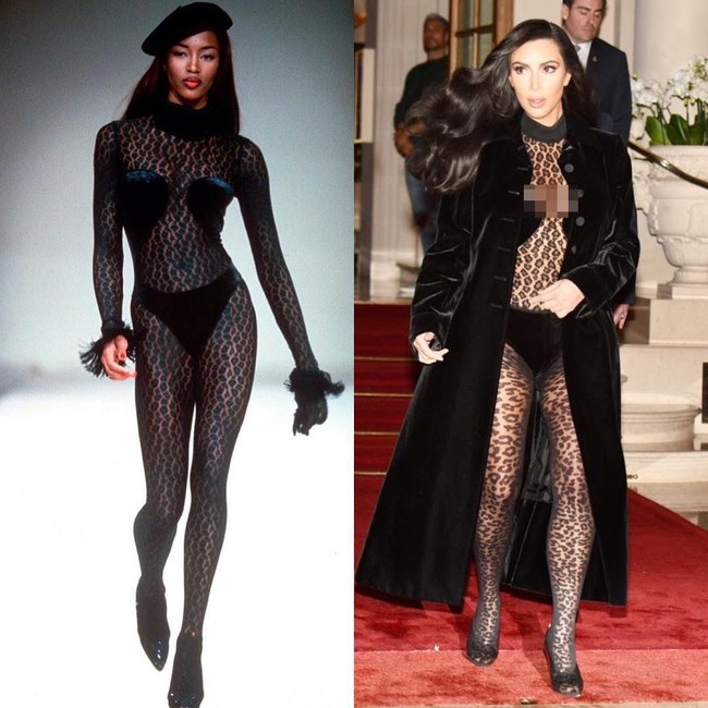 Sebelum ini, Kim tampil dengan catsuit leopard seksi dari Alaia. Busana ini adalah bagian dari koleksi sang desainer di tahun 1991, yang juga pernah dipakai Naomi Campbell. Foto: Instagram @dietprada