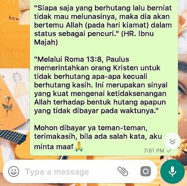 Menagih utang pada teman memang susah-susah gampang. Saat menagihnya pasti ada rasa tidak enak apalagi jika dia adalah teman dekat. Salah satu cara manis dan religius yang bisa dilakukan adalah dengan mengingatkan dengan baik melalui ayah seperti ini. Foto: ist