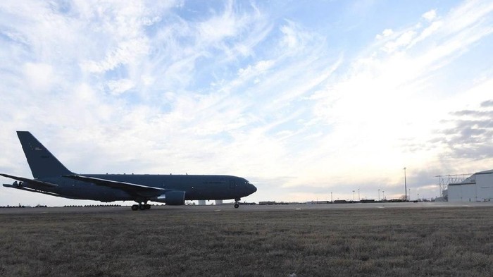 The first KC-46A Pegasus lands on the flightline of the 97th Air Mobility Wing at Altus Air Force Base in Oklahoma on Feb. 8, 2019. (U.S. Air Force)