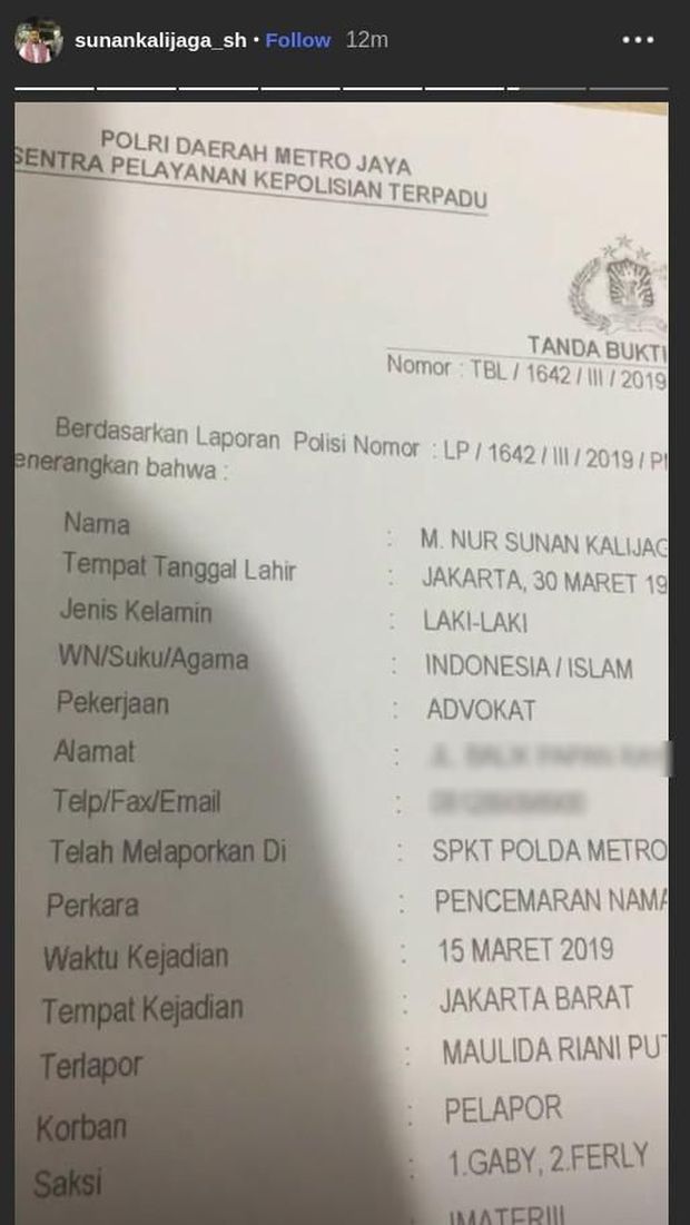 Sunan Kalijaga Laporkan Teman Salmafina atas Pencemaran Nama Baik