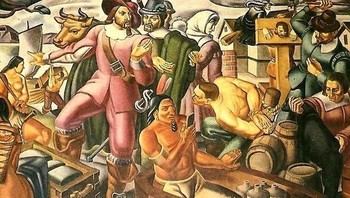 Lagi-lagi, sebuah gambar jadul memperlihatkan kemunculan ponsel. Dalam karya mural dari tahun 1937 berjudul Mr. Pynchon and the Settling of Springfield ini, sang pelukis Umberto Romano menggambarkan aktivitas di masa-masa sebelum Perang Revolusi di antara kalangan suku New England dan penduduk asli Inggris. Foto: Internet