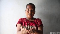 Sri Wahyuni menunjukkan butiran pala di Madopolo, Halmahera Selatan beberapa waktu lalu.