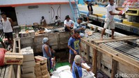 Sejumlah petugas satu per satu mengangkut barang bawaan dari kapal yang bersandar di Pelabuhan Babang, Halmahera Selatan.