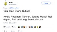 Cita-cita jadi orang sukses tapi hobinya rebahan, tiduran, jarang mandi, roll depan, roll belakang. Wah ini manusia atau kucing sih? Foto: twitter