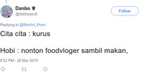 Memang kalau nonton video orang makan akan ikut merasa lapar. Jadi kalau cita-citanya mau kurus, kurangi nonton foodvloger ya. Foto: twitter