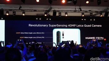 Sedangkan P30 Pro, mengusung layar berukuran 6,47 inch dengan resolusi 2340 x 1080 pixel. Quad camera Huawei P30 Pro punya resolusi 20 MP + 40 MP + 8 MP, sedangkan kamera depannya 32 MP. Kemampuan kamera di P30 Pro ini amat dibanggakan Huawei. Foto: Rachmatunnisa/detikINET