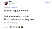 Mantan ngajak balikan? Awkarin makan bakso, tidak semudah itu ferguso. Foto: twitter
