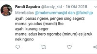 Netizen yang satu ini justru bagikan percakapan ibu dan ayahnya. Ayahnya ternyata nggak peka ya kalau istrinya tuh lagi mau es jeruk. Foto: Twitter @fandy_kid