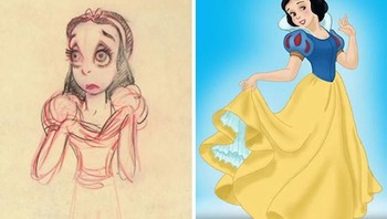 Snow White and The Seven Dwarfs (1937), gambar Snow White dibuat oleh Albert Hurten, Gustaf Tenggren dan Joe Grant. Konsep awal Snow White dibuat dengan mata yang jauh lebih kecil dan realistis. (Foto: Boredpanda)