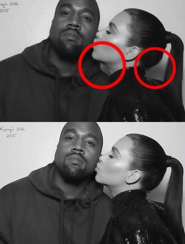 Kim mengedit bagian dagu dan rambutnya sebelum mengunduh fotonya bersama Kanye di Instagram. Namun netizen menemukan foto asli yang menunjukkan perbedaan foto ini. Foto: Dok. Instagram @kimkardashian