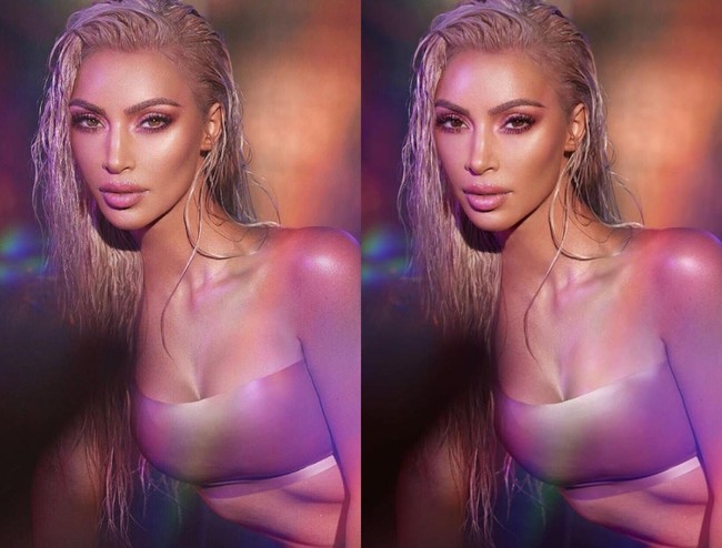 Di foto yg diposting Kim Kardashian di sebelah kiri, matanya terlihat lebih coklat, hidungnya pun lebih kecil. Namun foto yang diposting oleh makeup artistnya menunjukkan hal berbeda. Foto: Dok. Instagram @kimkardashian