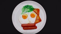 Karyanya kali ini diberi nama Breakfast. Bashir membuat dua buah telur, dua potong sosis hingga dua buah roti panggang. Foto: YouTube bashirsultani