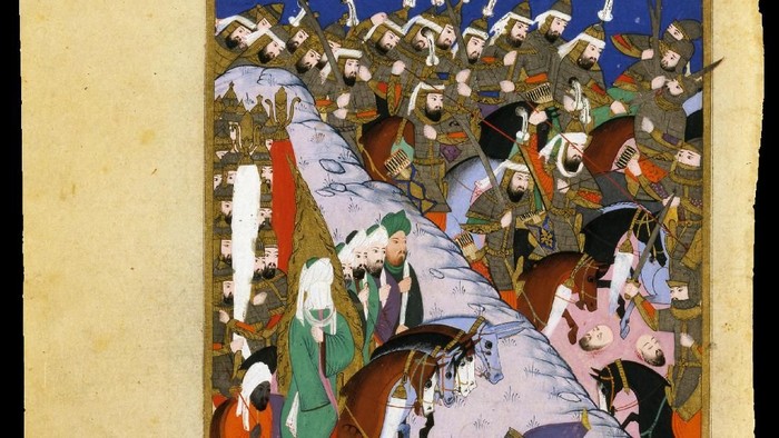 Gambar ilustrasi Perang Uhud dari buku Siyar-i Nabi karya Mustafa Al Darir yang dikerjakan atas perintah Sultan Murad III dari Turki Usmani (Ottoman) dan rampung di Keraton Kesultanan, Istanbul, 1595. (Wikimedia Commons)