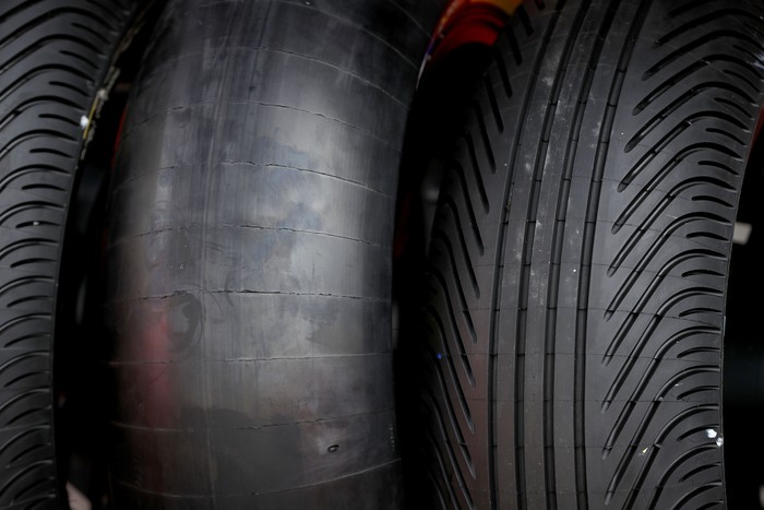PHILLIP ISLAND, AUSTRALIA - OCTOBER 19: A slick tyre and a wet weather tyre are seen during previews ahead of the 2017 MotoGP of Australia at Phillip Island Grand Prix Circuit on October 19, 2017 in Phillip Island, Australia.  (Photo by Robert Cianflone/Getty Images)