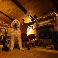 Christopher merupakan seorang foto editor. Ia mengedit fotonya bersama Juji hingga sang anjing terlihat sangat besar, dengan tinggi tiga meter. Foto: Dok. Instagram @christophercline