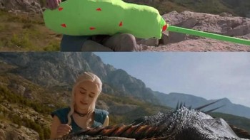 Salah satu adegan di Game Of Thrones. Naga yang sangar aslinya adalah gumpalan benda yang dibungkus kain hijau. Foto: via Trend Chaser