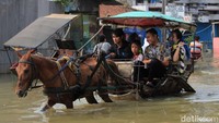 Banjir yang merendam Jalan Raya Dayeuhkolot-Banjaran, Kabupaten Bandung, Jawa Barat, membawa berkah tersendiri bagi para penarik delman.