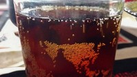 Tuang minuman bersoda, pasti ada butiran-butiran bola transparan di dalam gelas. Butiran bola soda yang satu ini, justru secara tidak sengaja berbentuk mirip peta benua Asia dan Eropa. Foto: Istimewa