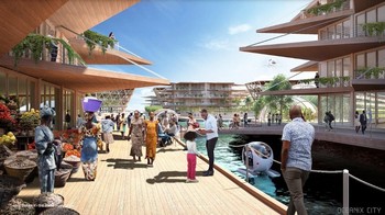 Ketika disatukan, maka satu komplek pulau terapung, dalam tingkat desa, bisa dihuni oleh sekitar 10.000 penduduk. (Foto: Dok. Oceanix)