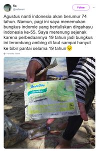 Mahasiswa Ini Temukan Bungkus Indomie Berusia 19 Tahun di Pantai Sendang Biru