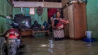 Warga beraktivitas di dalam rumahnya yang terendam banjir di Desa Waru, Mranggen, Demak, Jawa Tengah. Antara Foto/Aji Styawan.