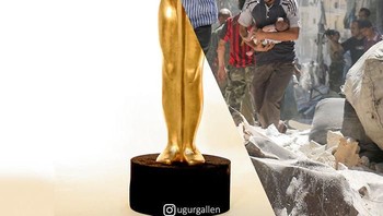 Laki-laki Suriah yang membawa bayi melewati puing-puing bangunan yang hancur setelah serangan udara di kota utara Aleppo pda 2016 Foto: Uğur Gallenkuş