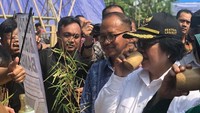 Melihat hasil karya budi daya bambu, wanita berambut pendek ini menikmati minuman dari cangkir bambu. Unik ya? Foto: Instagram siti.nurbayabakar