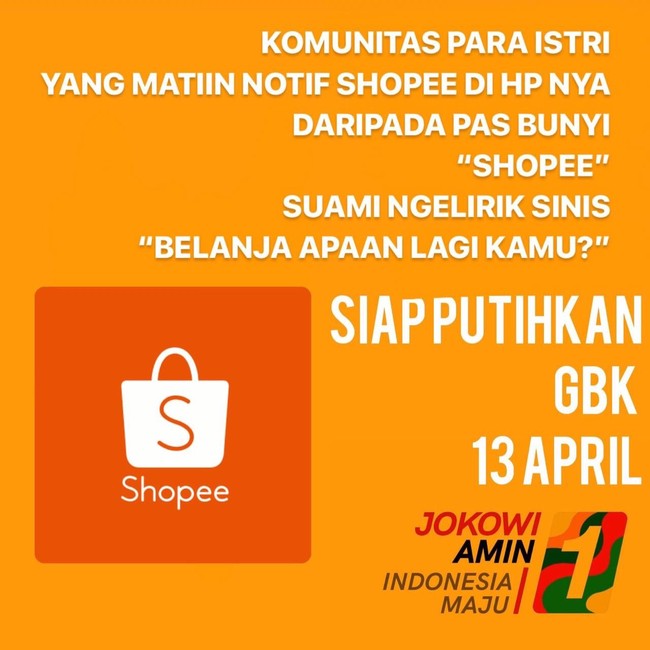 Komunitas para istri yang matiin notif Shopee di HP nya daripada pas bunyi Shopee suami ngelirik sinis belanja apaan lagi kamu? Siap putihkan GBK 13 April Foto: instagram @teplete